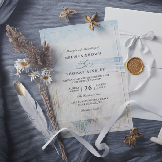 Moderne Wasserfarbe-Strand-QR-Code-Hochzeit am Mee Einladung