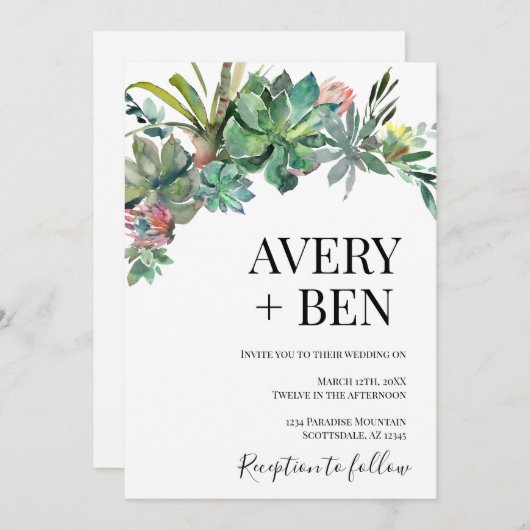 Moderne Wasserfarbe Sukkulente Grüne Hochzeit Einladung (Vorne/Hinten)