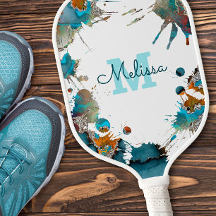 Moderne Wasserfarbe Türkis Silber Orange Spritzer Pickleball Schläger