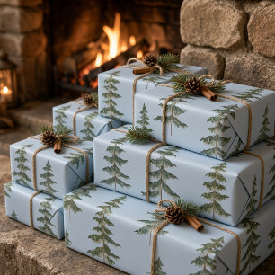 Moderne Wasserfarbe Winterkiefer Baum Hellblau Geschenkpapier