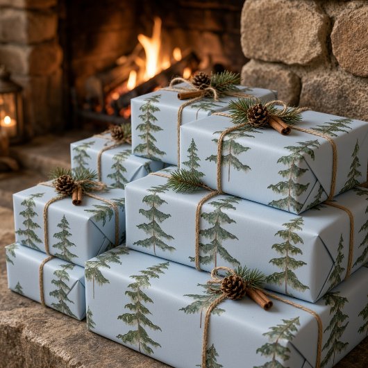 Moderne Wasserfarbe Winterkiefer Baum Hellblau Geschenkpapier