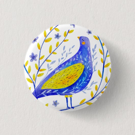 Moderne Wasserfarben Blau und Gelb Vogel Kunst Button (Vorderseite)
