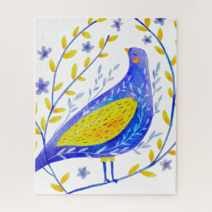 Moderne Wasserfarben Blau und Gelbe Vogel Kunst Puzzle
