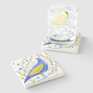 Moderne Wasserfarben Blau und Gelbe Vogel Kunst Steinuntersetzer