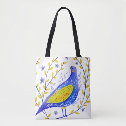 Moderne Wasserfarben Blau und Gelbe Vogel Kunst Tasche (Vorderseite)
