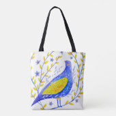 Moderne Wasserfarben Blau und Gelbe Vogel Kunst Tasche (Rückseite)
