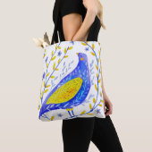 Moderne Wasserfarben Blau und Gelbe Vogel Kunst Tasche (Von Nahem)