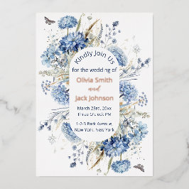 Moderne Wasserfarben Blaue Wildblumen Hochzeit Folieneinladung