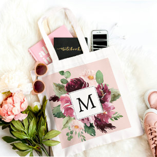 Moderne Wasserfarben Blumen Monogramm Tragetasche