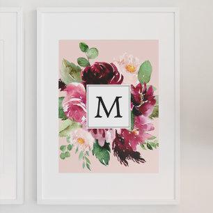 Moderne Wasserfarben Blumen Monogrammiert Poster
