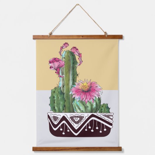 Moderne Wasserfarben Cactus Garden Wandteppich Mit Holzrahmen (Vorderseite)