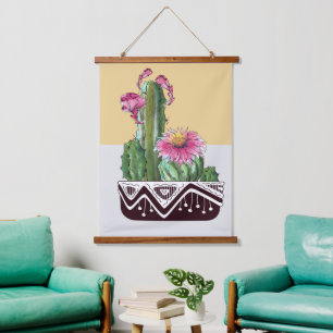 Moderne Wasserfarben Cactus Garden Wandteppich Mit Holzrahmen