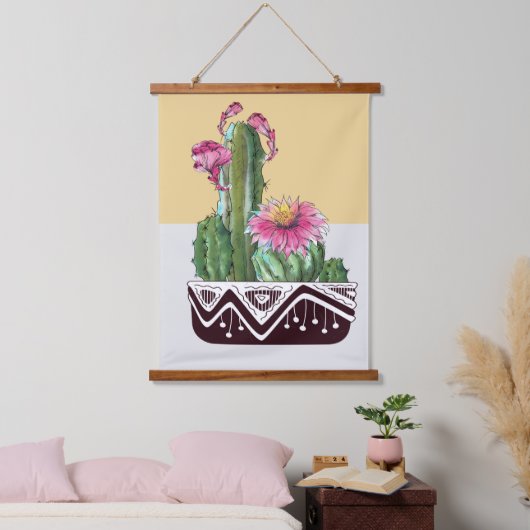 Moderne Wasserfarben Cactus Garden Wandteppich Mit Holzrahmen (Schlafzimmer)