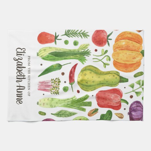 Moderne Wasserfarben Gemüse Veggia Skriptname Geschirrtuch (Horizontal)