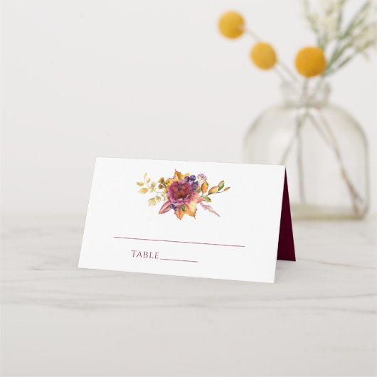 Moderne Wasserfarben Geometric Fall Bouquet Weddin Platzkarte (Vorderseite)