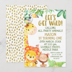 Moderne Wasserfarben Gold Safari Tiere Geburtstag Einladung