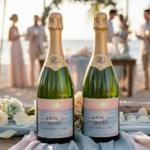 Moderne Wasserfarben-Hochzeit am Strand mit Sonnen Schaumweinetikett