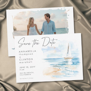 Moderne Wasserfarben-Hochzeitsfotos vom Küstenstra Save The Date