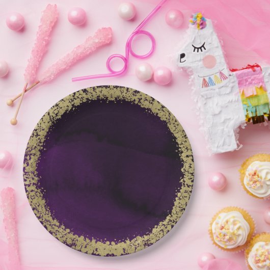 Moderne Wasserfarben-Moody Lila & Gold-Hochzeit Pappteller (Party)