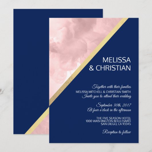 Moderne Wasserfarben Rosa & Navy Blue Wedding Einladung (Vorne/Hinten)