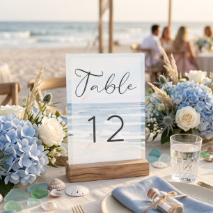 Moderne Wasserfarben-Strandhochzeit am Meer Tischnummer