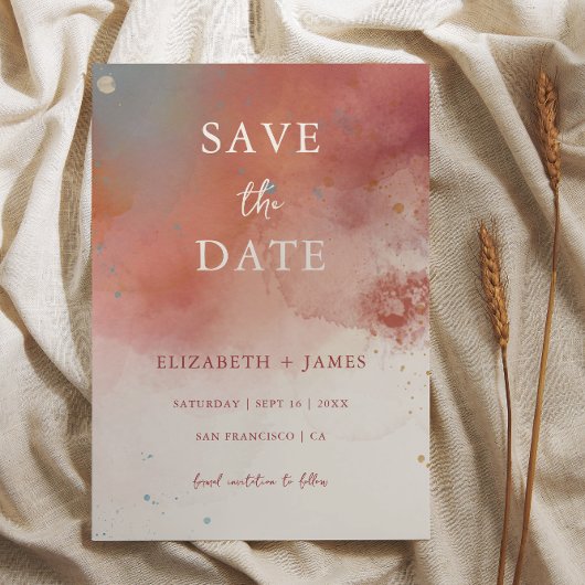 Moderne Wasserfarben Terracotta-Hochzeit rettet da Einladung