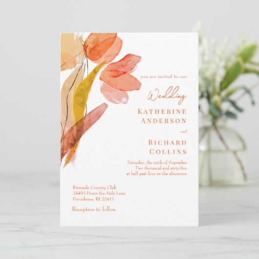 Moderne Wasserfarben Tulips Orange Wedding Einladung (Stehend Vorderseite)