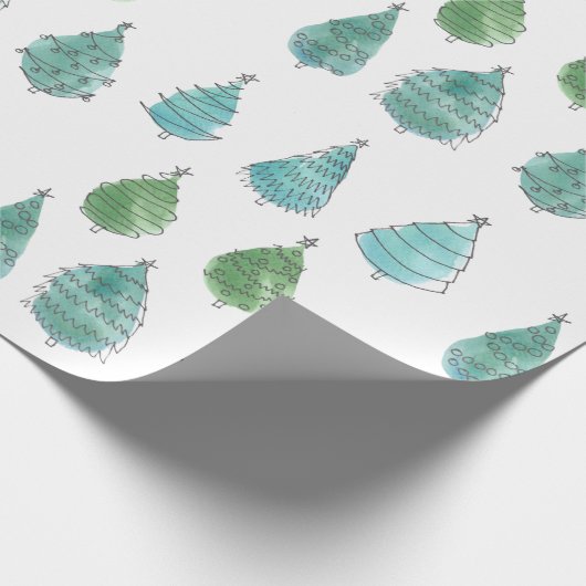 Moderne Wasserfarben Weihnachtsgrün Pine Trees Geschenkpapier (Ecke)