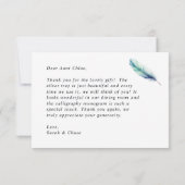 Moderne Wasserfarbenblauer Feather Wedding Dankeskarte (Rückseite)