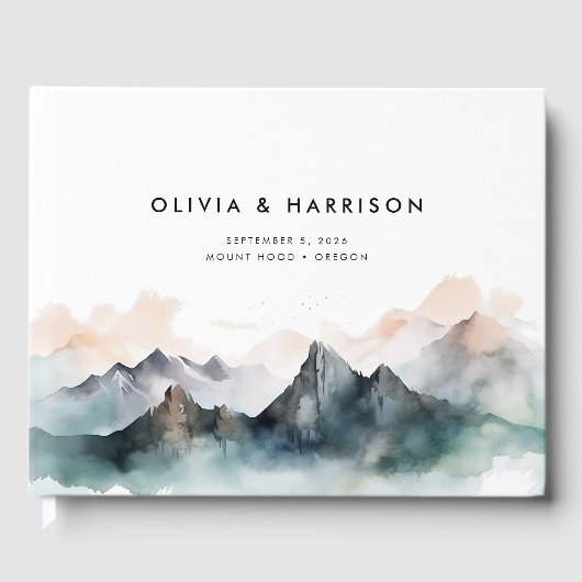 Moderne Wasserfarbengebirge Landschaft Hochzeit Gästebuch (Vorderseite)
