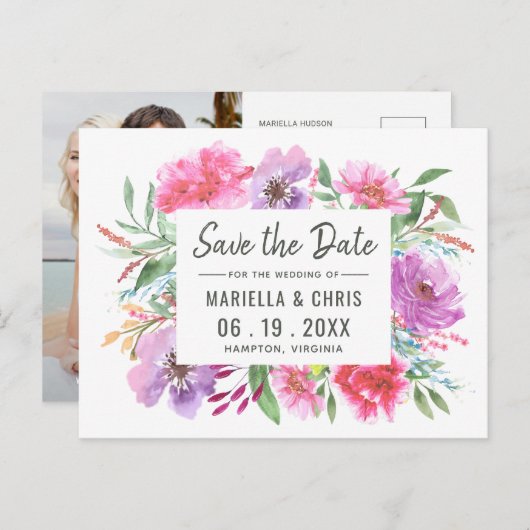 Moderne Wasserfarbenhochzeit Sichern Sie das Datum Ankündigungspostkarte (Vorne/Hinten)