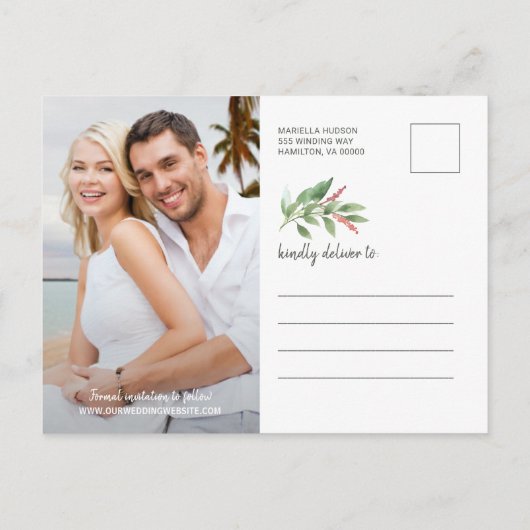 Moderne Wasserfarbenhochzeit Sichern Sie das Datum Ankündigungspostkarte (Rückseite)