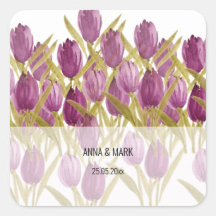 Moderne Wasserfarbenkunst mit violetten Tulpen Quadratischer Aufkleber