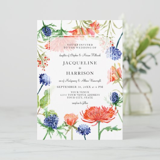 Moderne Wasserfarbenuntergang Orange Mum Thistle Einladung (Stehend Vorderseite)