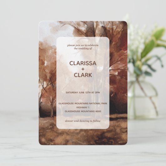 Moderne Wasserfarbenwald fallen Landschaftshochzei Einladung (Stehend Vorderseite)
