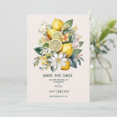 Moderne Wasserfarbenzitrus Lemon Hochzeit Save The Date (Stehend Vorderseite)