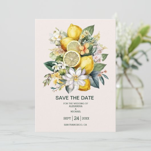 Moderne Wasserfarbenzitrus Lemon Hochzeit Save The Date (Stehend Vorderseite)
