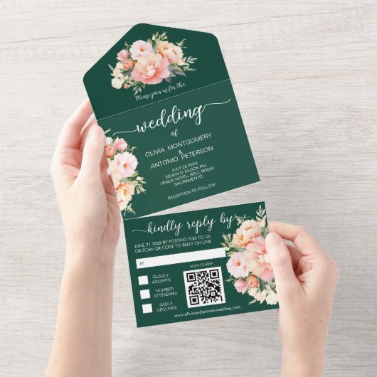 Moderne Wasserhärtenpeony Emerald QR Code Hochzeit All In One Einladung (Abreißtisch)