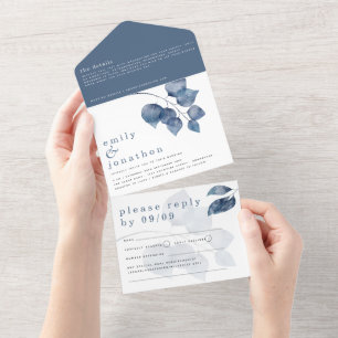 Moderne Watercolor Blue Blätter Hochzeit All In One Einladung