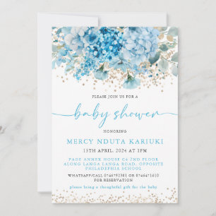 Moderne Watercolor Blue Gold Floral Baby Dusche Einladung