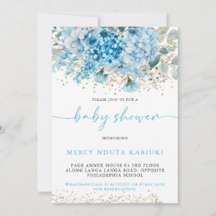Moderne Watercolor Blue Gold Floral Baby Dusche Einladung
