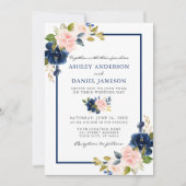 Moderne Watercolor Classic Blue Pink Floral Weddin Einladung (Vorderseite)
