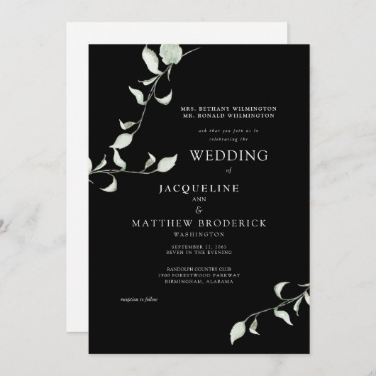 Moderne Watercolor Foliage Black Wedding Einladung (Vorne/Hinten)