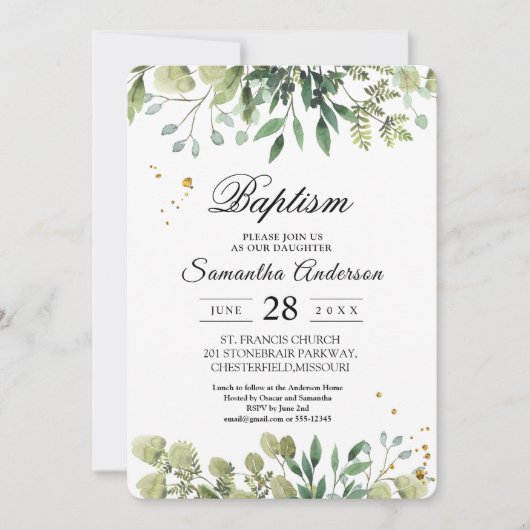 Moderne Watercolor Green Blätter Branch Einladung (Vorderseite)