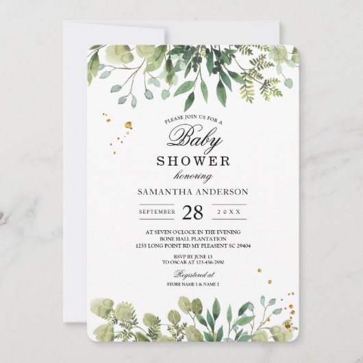 Moderne Watercolor Green Blätter Branch Einladung (Vorderseite)