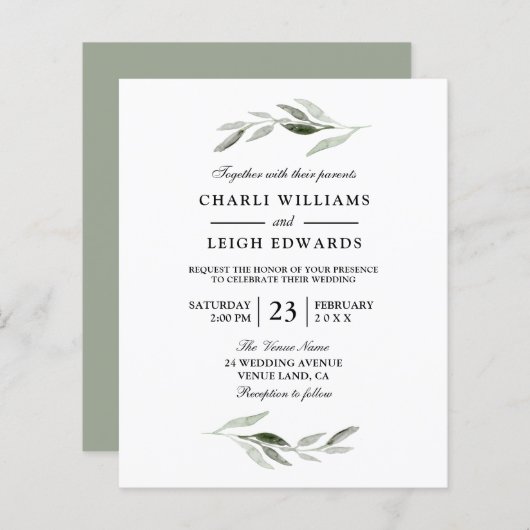 Moderne Watercolor Green Leaf Budget Hochzeit einl (Vorne/Hinten)
