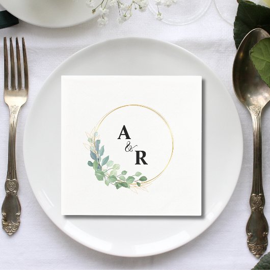 Moderne Watercolor Greenery Couple Monogram Weddin Serviette
