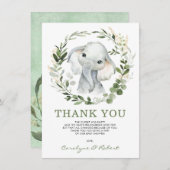 Moderne Watercolor Greenery Gold Baby Elephant Dankeskarte (Vorne/Hinten)