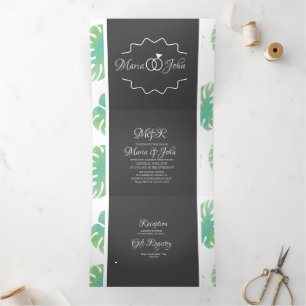 Moderne Watercolor Grüne Monstera Blätter Hochzeit Dreifach Gefaltete Einladung