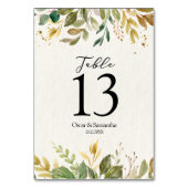 Moderne Watercolor Grünpflanzen Leaf & Gold Tropfe Tischnummer (Vorderseite)